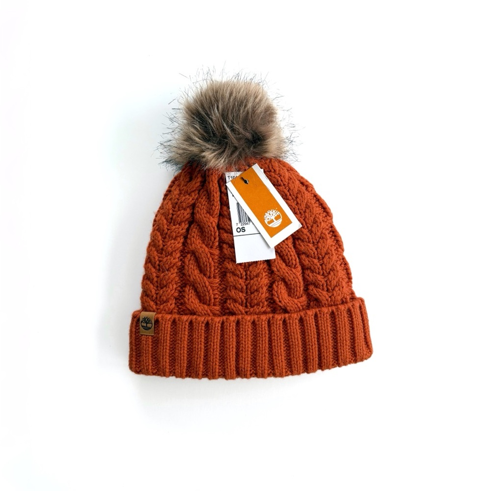 Timberland | Burnt Orange Knitted Beanie w/ Fur Pouf - Women's Hat (NWT)